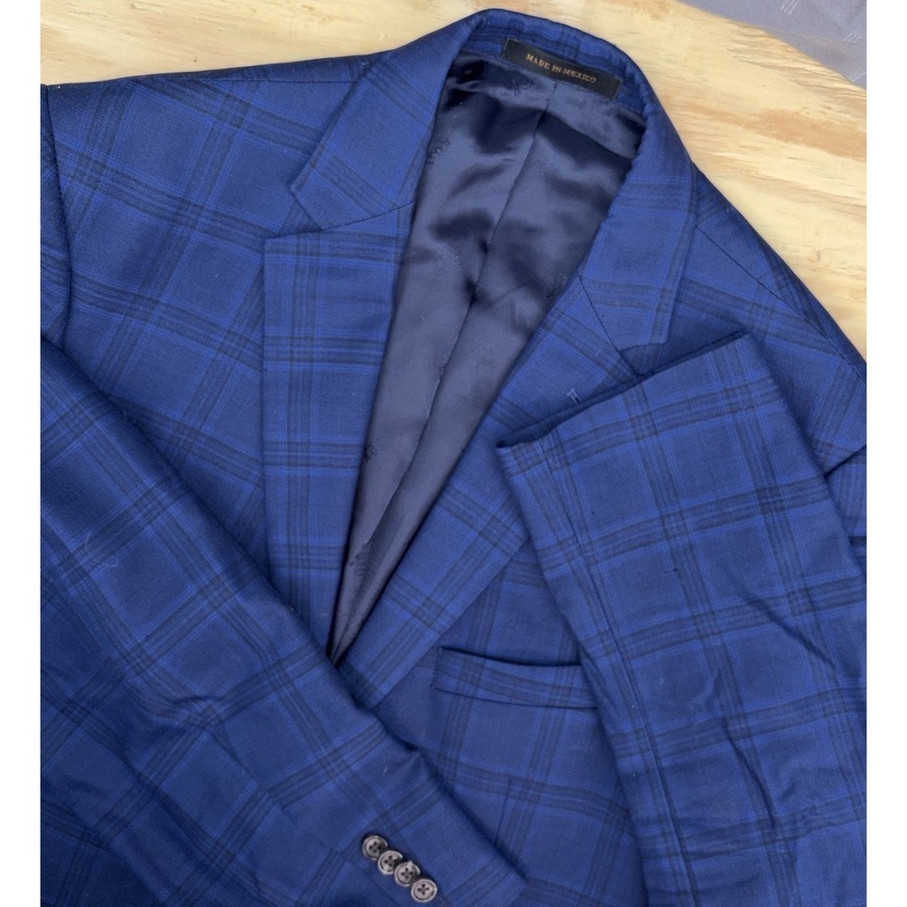 Jos A Bank Reserve Blazer Mens 43L Long Blue Plaid Wool Silk Sport Coat Jacket